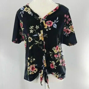 Pomelo Women's Medium Black Floral Tie Knot Fake Button VNeck Blouse Short Sleev
